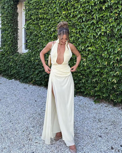 Sexy tiefem V-Ausschnitt A-Linie langes Ballkleid mit Schlitz J2729