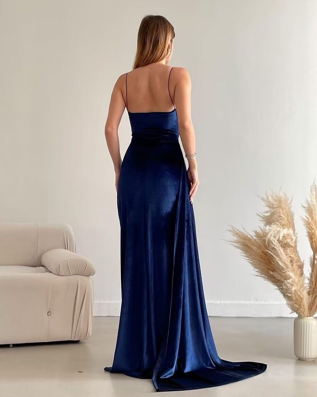 Spaghetti Straps Sheath Royal Blue Velvet Long Prom Dresses With Slit J2736