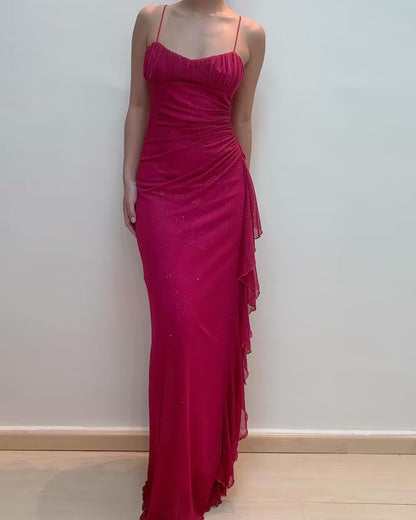 Spaghetti Straps Rose Red Sheath Ruffled Long Prom Dresses J2740