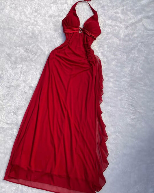 Halter Red A Line Long Prom Dresses Ruffled Evening Dresses J2742