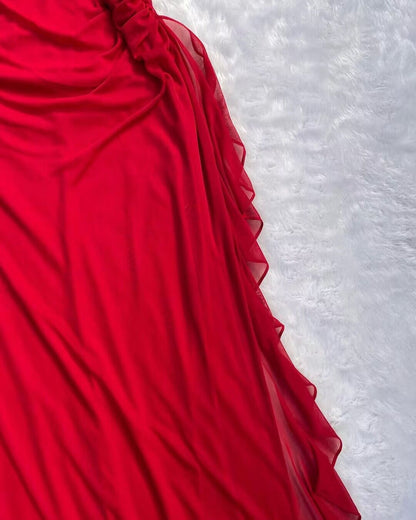 Neckholder Rot A-Linie Lange Ballkleider Gekräuselte Abendkleider J2742