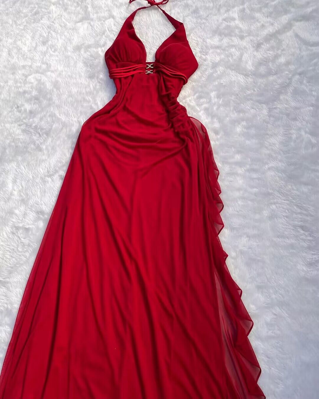 Halter Red A Line Long Prom Dresses Ruffled Evening Dresses J2742