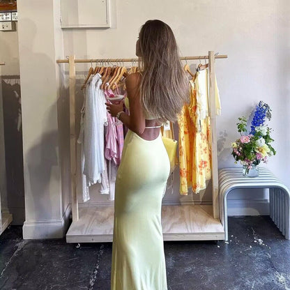 Spaghetti Straps Yellow Sheath Long Prom Dresses J2743