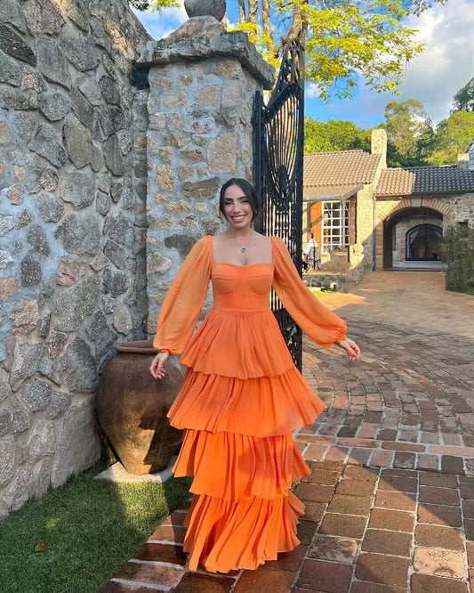 Orange Long Sleeves A Line Long Prom Dress Layered Formal Party Gown J2746