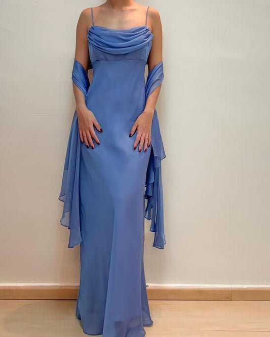 Spaghetti Straps Blue Chiffon Sheath Long Prom Dresses J2747