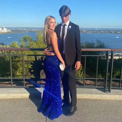 Sweetheart Royal Blue Velvet Sequin Sheath Prom Dress With Slit J2751