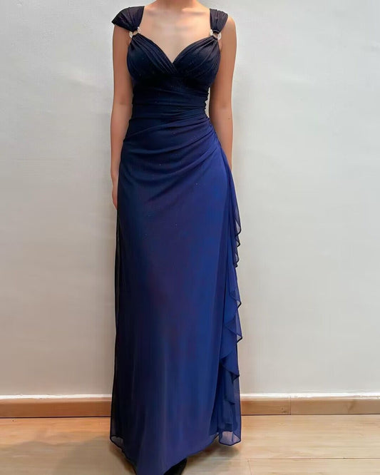 V Neck Navy A Line Long Prom Dresses With Ruffles J2752