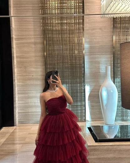 Robe de bal bustier bordeaux à volants superposés, robe de fête d'anniversaire, J2753