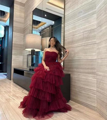 Robe de bal bustier bordeaux à volants superposés, robe de fête d'anniversaire, J2753