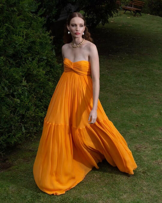 Strapless Orange A Line Long Prom Dresses J2755