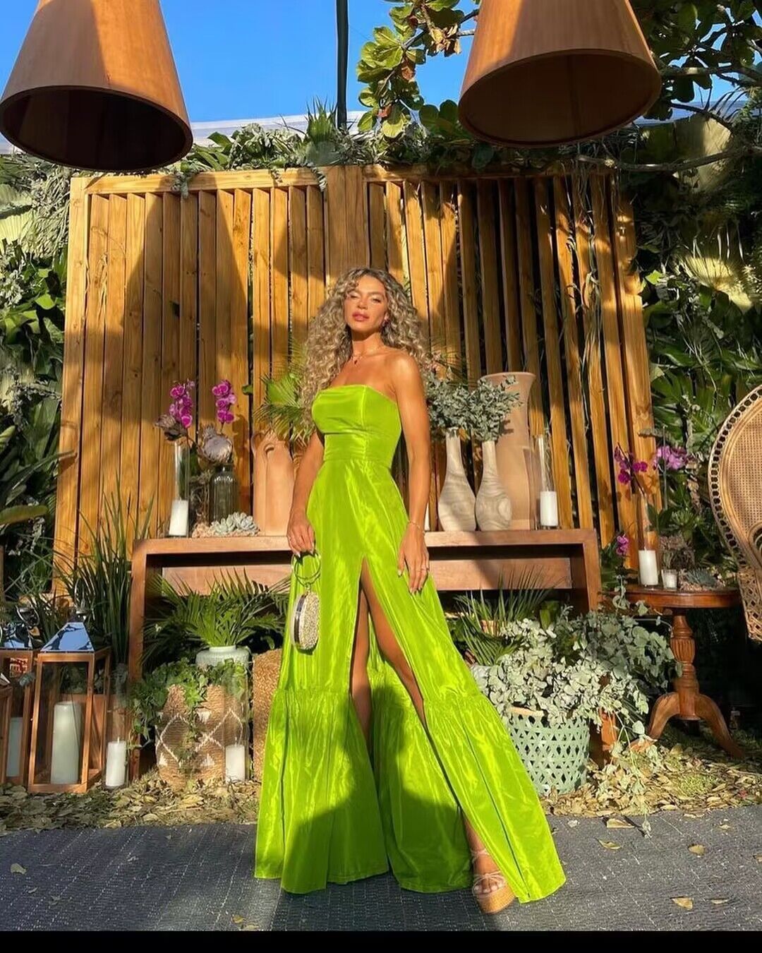 Strapless Lemon Green Long Prom Dress With Slit  J2762