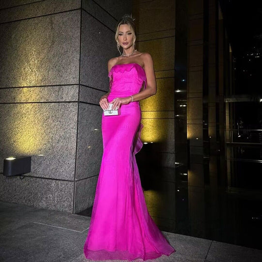 Strapless Hot Pink Mermaid Long Ruffled Prom Dresses J2764