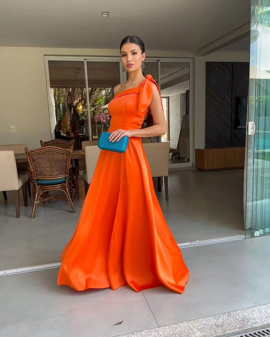 One Shoulder Orange A Line Long Prom Dresses J2765