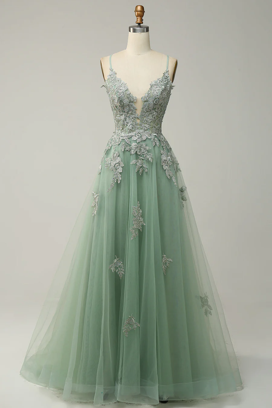 V Neck Appliques Lace-Up A-line Long Prom Dress J8342
