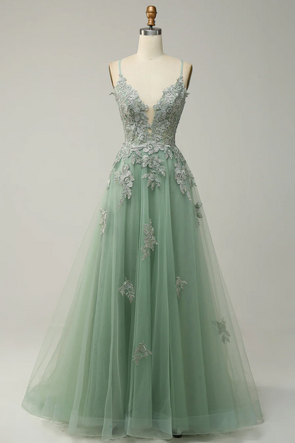 V Neck Appliques Lace-Up A-line Long Prom Dress J8342