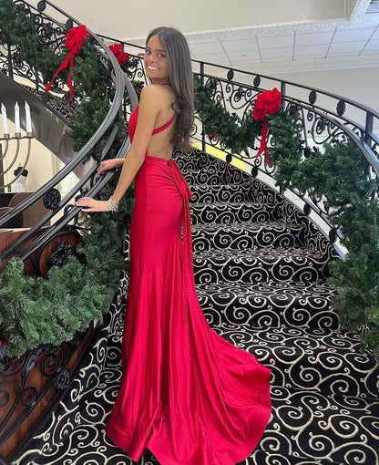 V Neck Mermaid Red Long Prom Dresses J2869