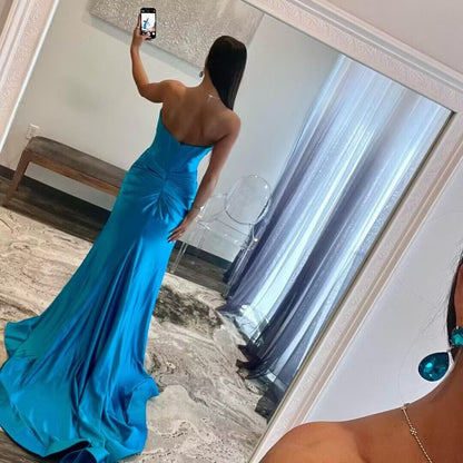 Strapless Blue Mermaid Long Prom Dress With Slit J2872