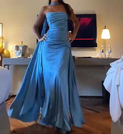 Robe de bal longue en satin bleu sans bretelles, coupe trapèze, tenue de soirée formelle J2877
