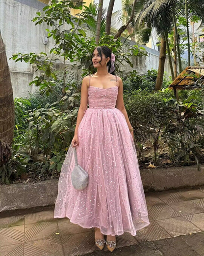 Spaghettiträger Rosa Glänzendes Tüll Ballkleid Süßes A-Linie Geburtstagspartykleid J2864