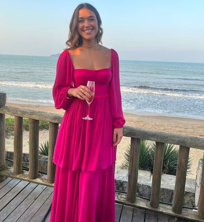 Rosarotes langes Ballkleid in A-Linie, formelles Partykleid J2866