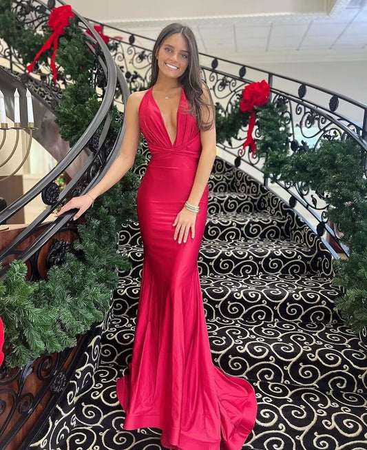 V Neck Mermaid Red Long Prom Dresses J2869