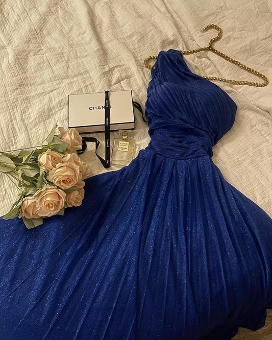 One Shoulder A Line Royal Blue Shiny Tulle Prom Dress J2815