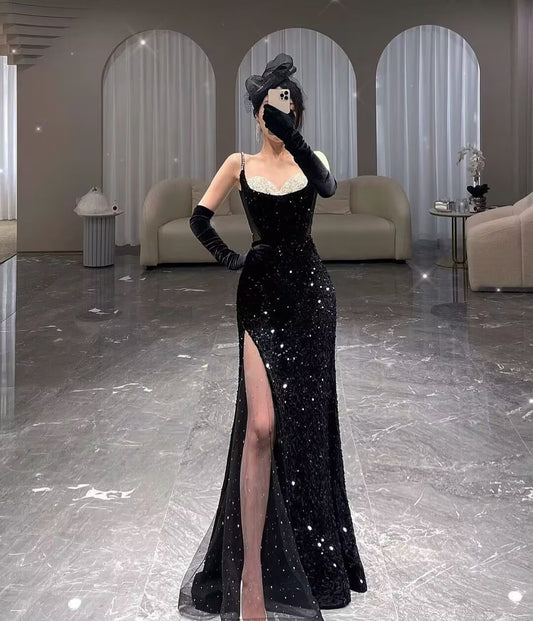 Black Sequin Mermaid Long Prom Dress With Slit J2873