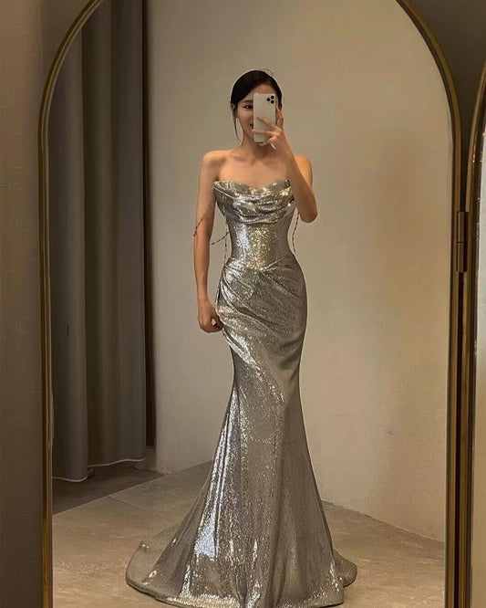 Spaghetti Straps Silver Mermaid Long Prom Dresses J2829