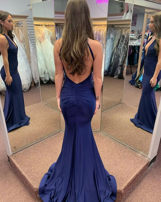 Deep V Neck Navy Mermaid Long Prom Dress J2824