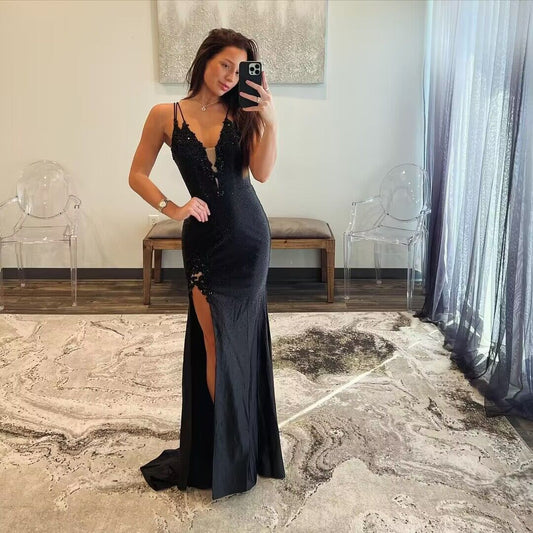 V Neck Black Mermaid Long Prom Dresses J2821