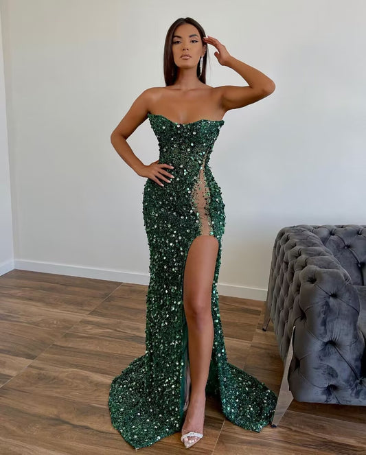 Strapless Sheath Green Sequin Long Prom Dress With Slit J2853