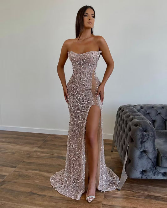 Strapless Sheath Sequin Long Prom Dress With Slit J2851