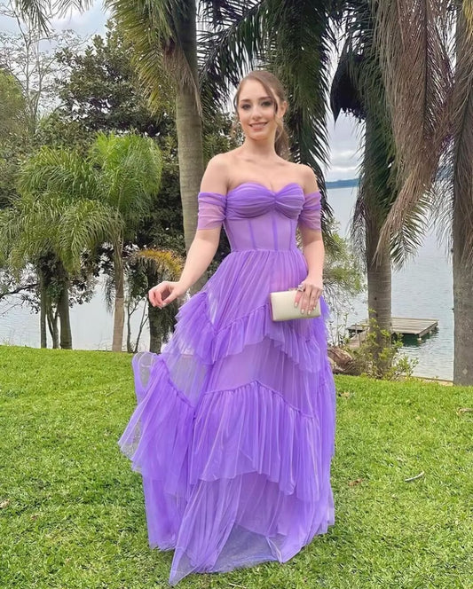 Off The Shoulder A Line Purple Tulle Long Prom Dress J2798