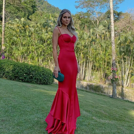 Spaghetti Straps Red Mermaid Satin Long Prom Dress J2802