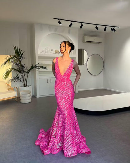 V Neck Pink Sequin Mermaid Prom Dress J2806