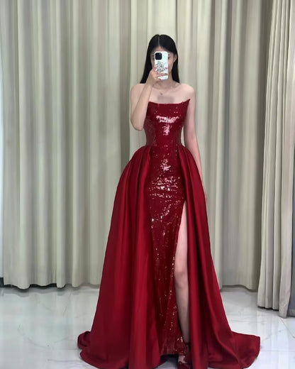 Robe de bal longue rouge bustier coupe trapèze avec fente J2832