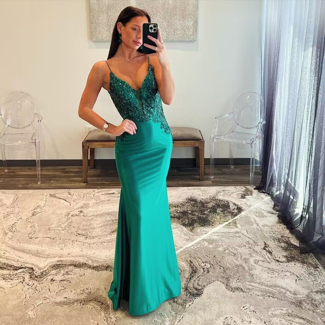 Spaghetti Straps Green Satin Long Mermaid Prom Dress With Applique J2819