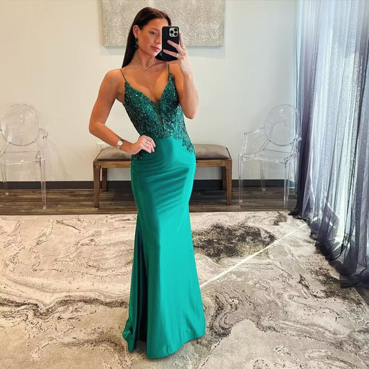 Spaghetti Straps Green Satin Long Mermaid Prom Dress With Applique J2819