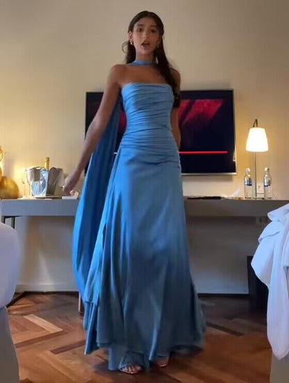 Robe de bal longue en satin bleu sans bretelles, coupe trapèze, tenue de soirée formelle J2877