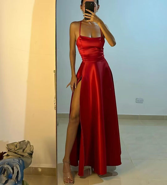 Red A Line Satin Long Prom Dress Formal Party Dress J2863