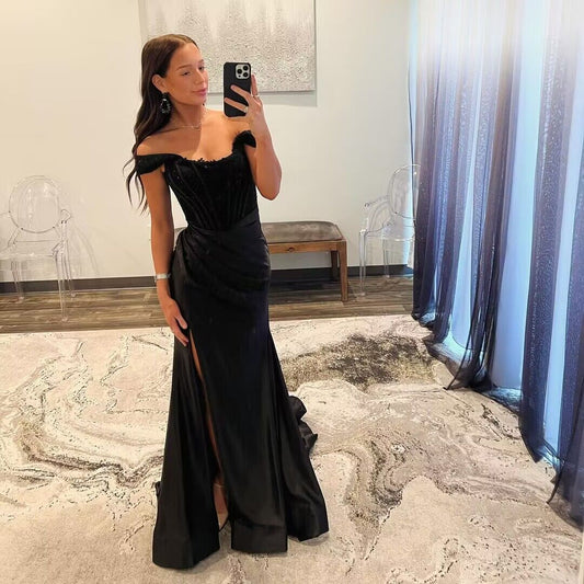 Applique Off The Shoulder Black Mermaid Long Prom Dresses With Slit J2822