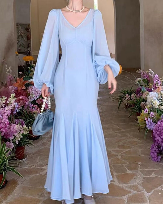 V Neck Mermaid Blue Chiffon Prom Dress Long Sleeves Elegant Dress J2799