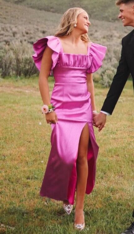 Pink Satin A Line Ruffled Sleeves Prom Dresses With Slit J2847