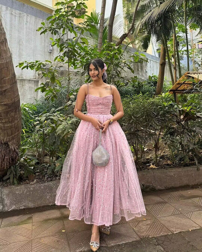 Spaghettiträger Rosa Glänzendes Tüll Ballkleid Süßes A-Linie Geburtstagspartykleid J2864