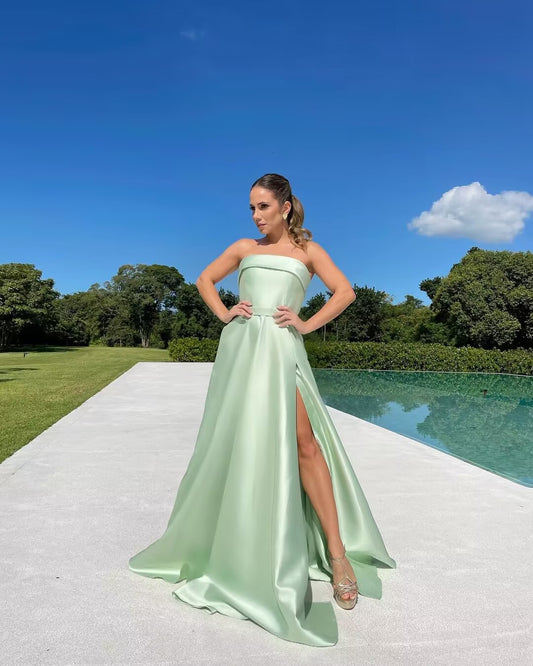 Strapless Green A Line Long Prom Dresses With Slit J2825