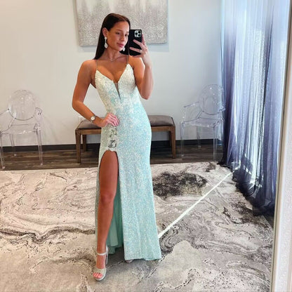 Appliqued Spaghetti Straps Sequin Mermaid Prom Dress Slit J2820