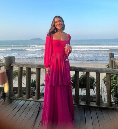 Rosarotes langes Ballkleid in A-Linie, formelles Partykleid J2866