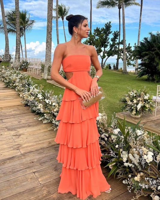 Strapless Orange Layered A Line Long Prom Dress J2870