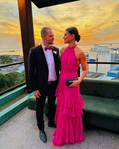 Neckholder Hot Pink A-Linie Rüschen Langes Ballkleid J2805