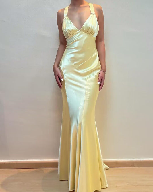 V Neck Yellow Mermaid Satin Long Prom Dress J2874